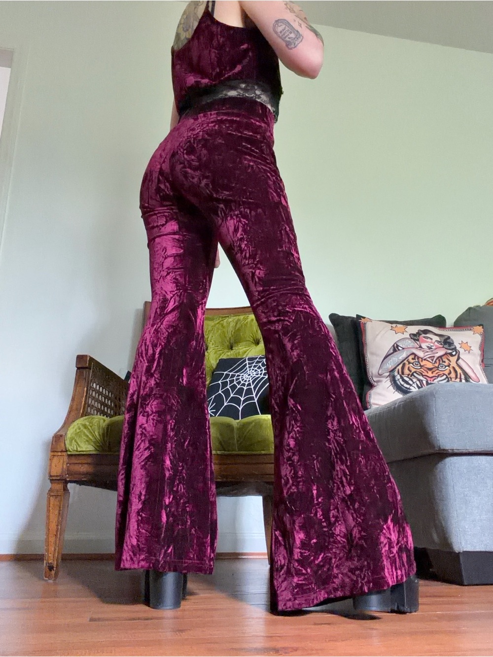 Killstar Deep Burgundy Crushed Velvet Flare Pants - Picture 3 of 7